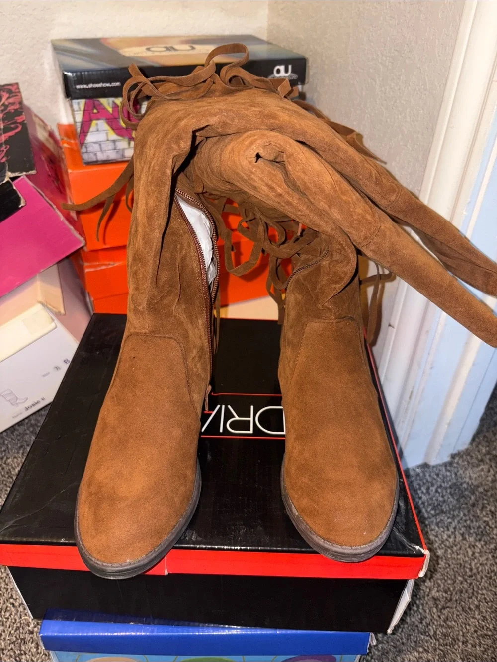 Fringe Over-the-Knee Suede Boots - Brown